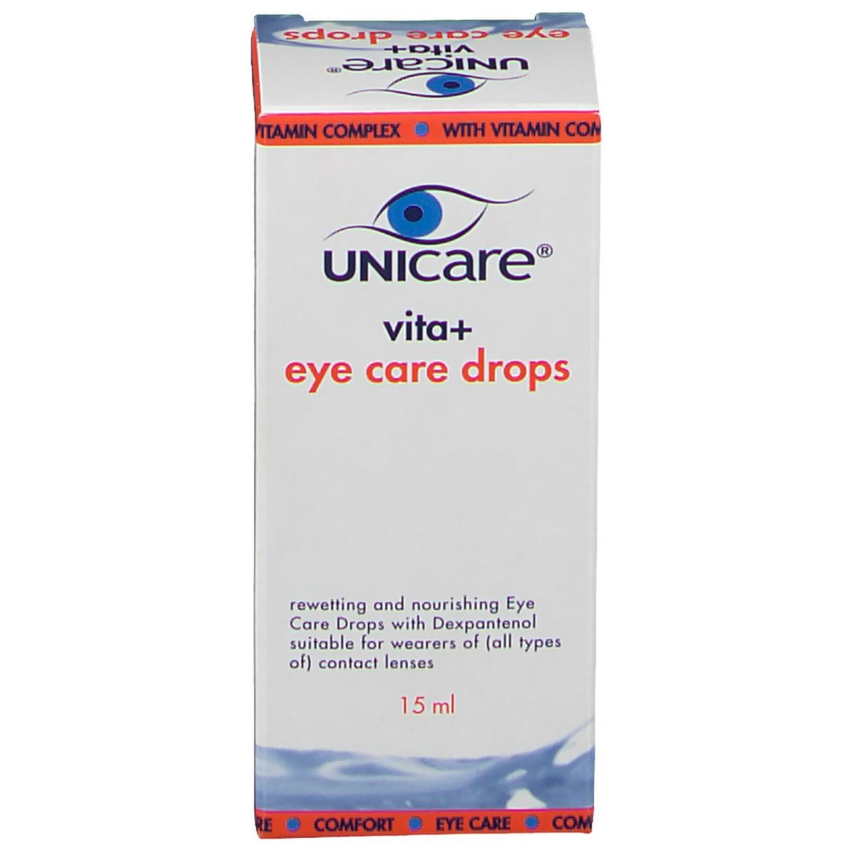 Scatola e flacone di collirio. Scritta: UNICARE vita+ eye care drops. 15 ml. Con complesso vitaminico.