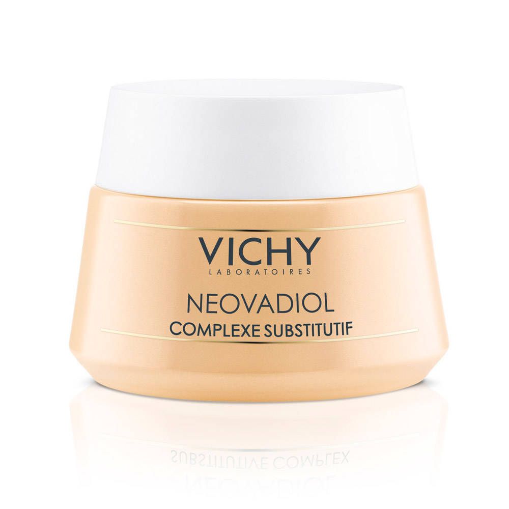 Vaso di crema beige con coperchio bianco. Scritta: VICHY, NEOVADIOL, COMPLEXE SUBSTITUTIF.
