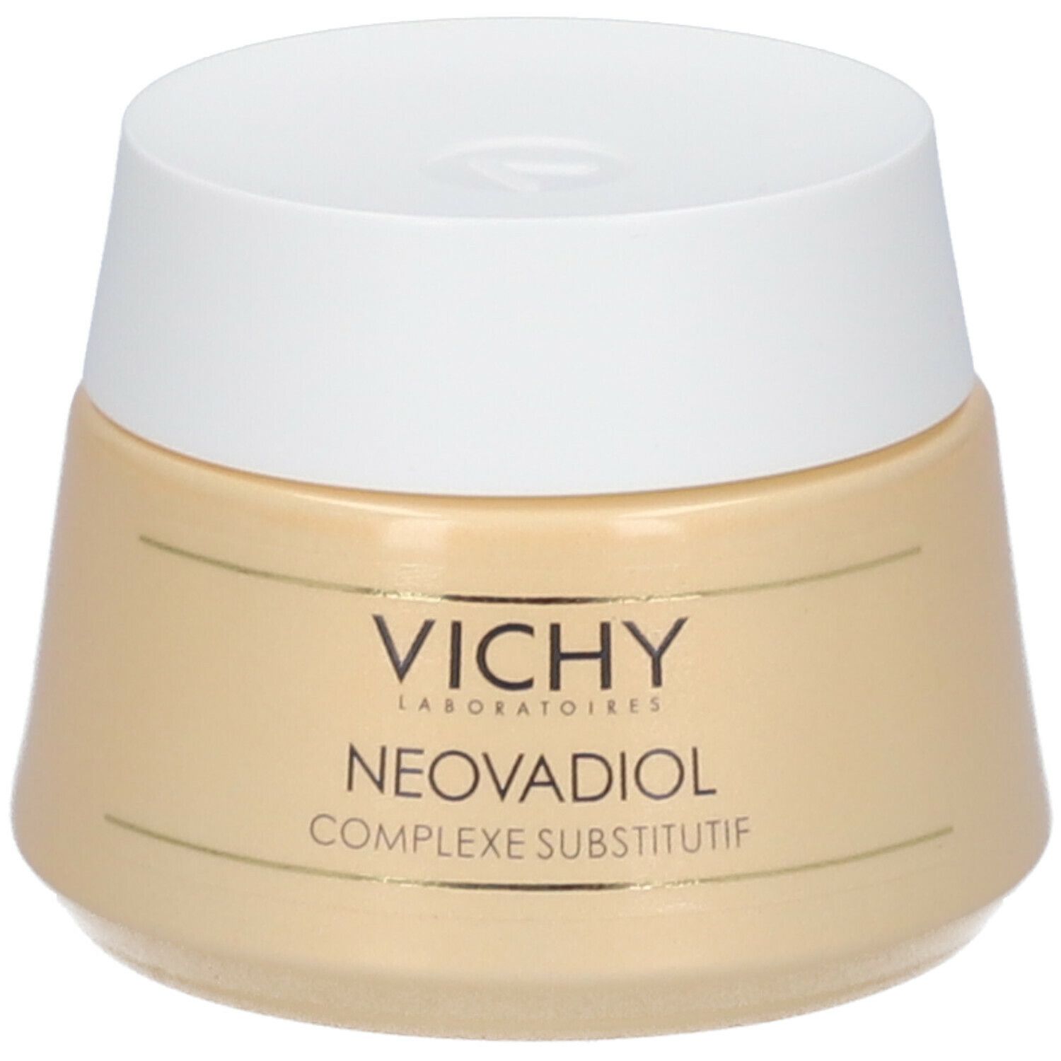 Vaso di crema con coperchio bianco. Scritta: VICHY, NEOVADIOL, COMPLEXE SUBSTITUTIF.