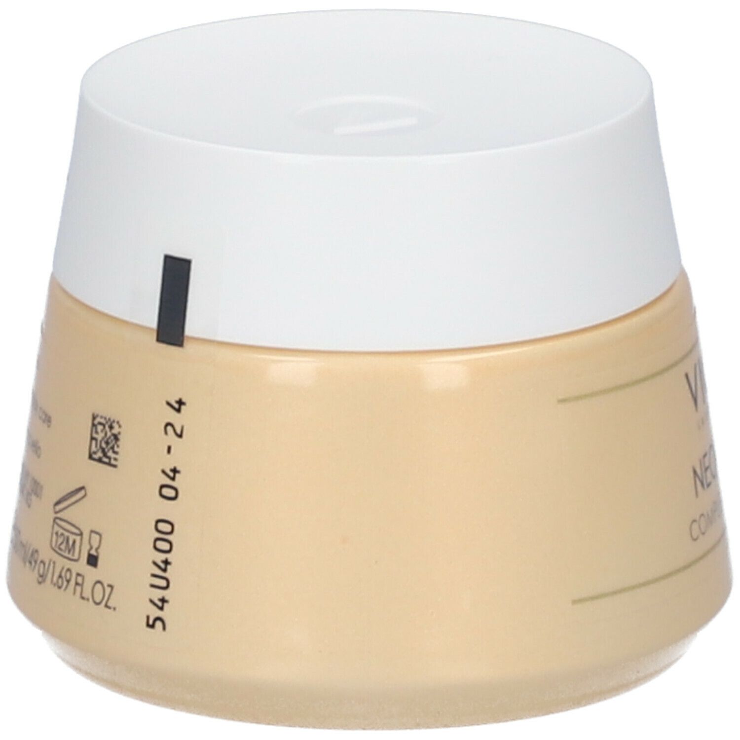 Vaso di crema beige con coperchio bianco. Sul lato: informazioni e codice QR.
