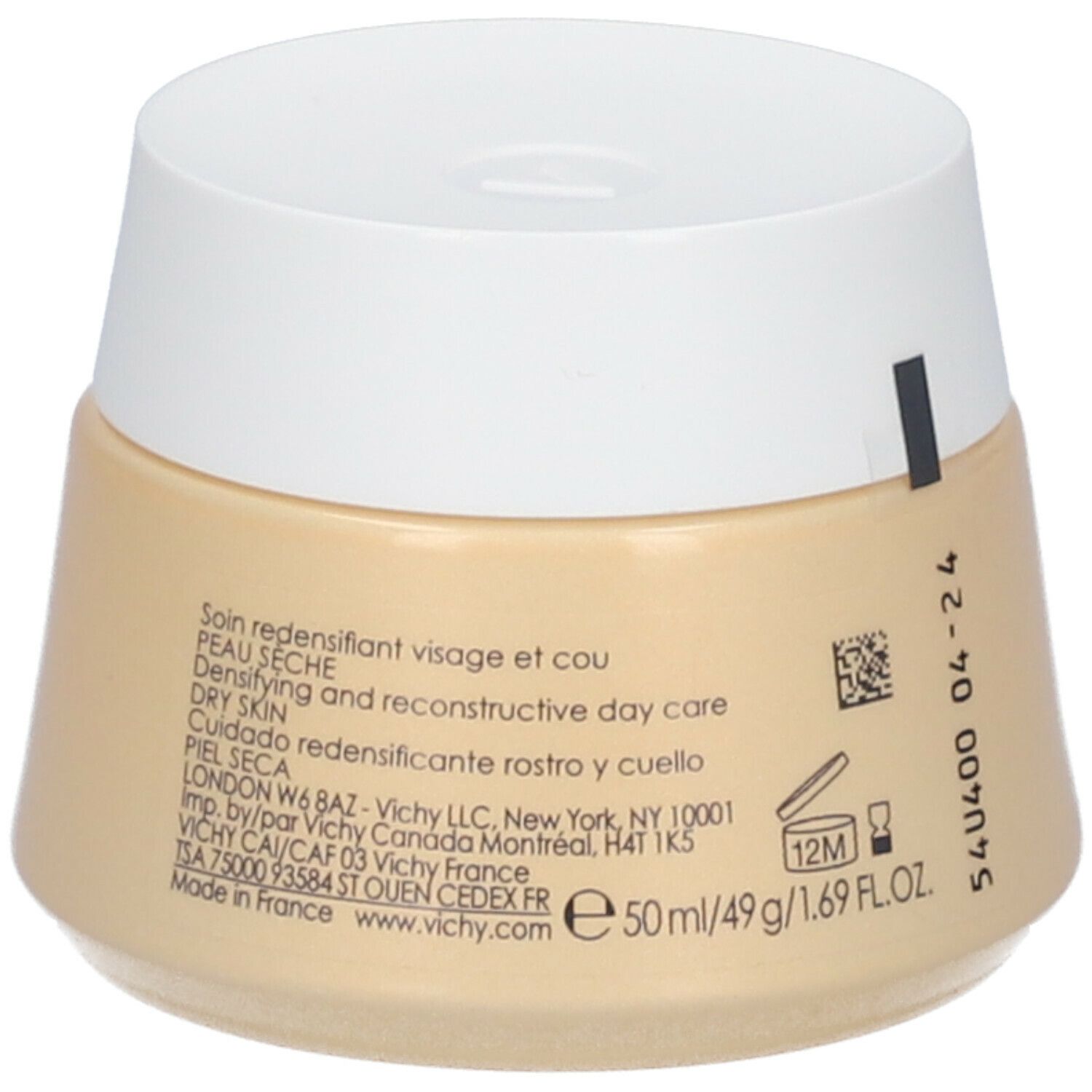 Vaso di crema beige con coperchio bianco. Sul lato: testo, codice QR, simbolo 12M, 50 ml.