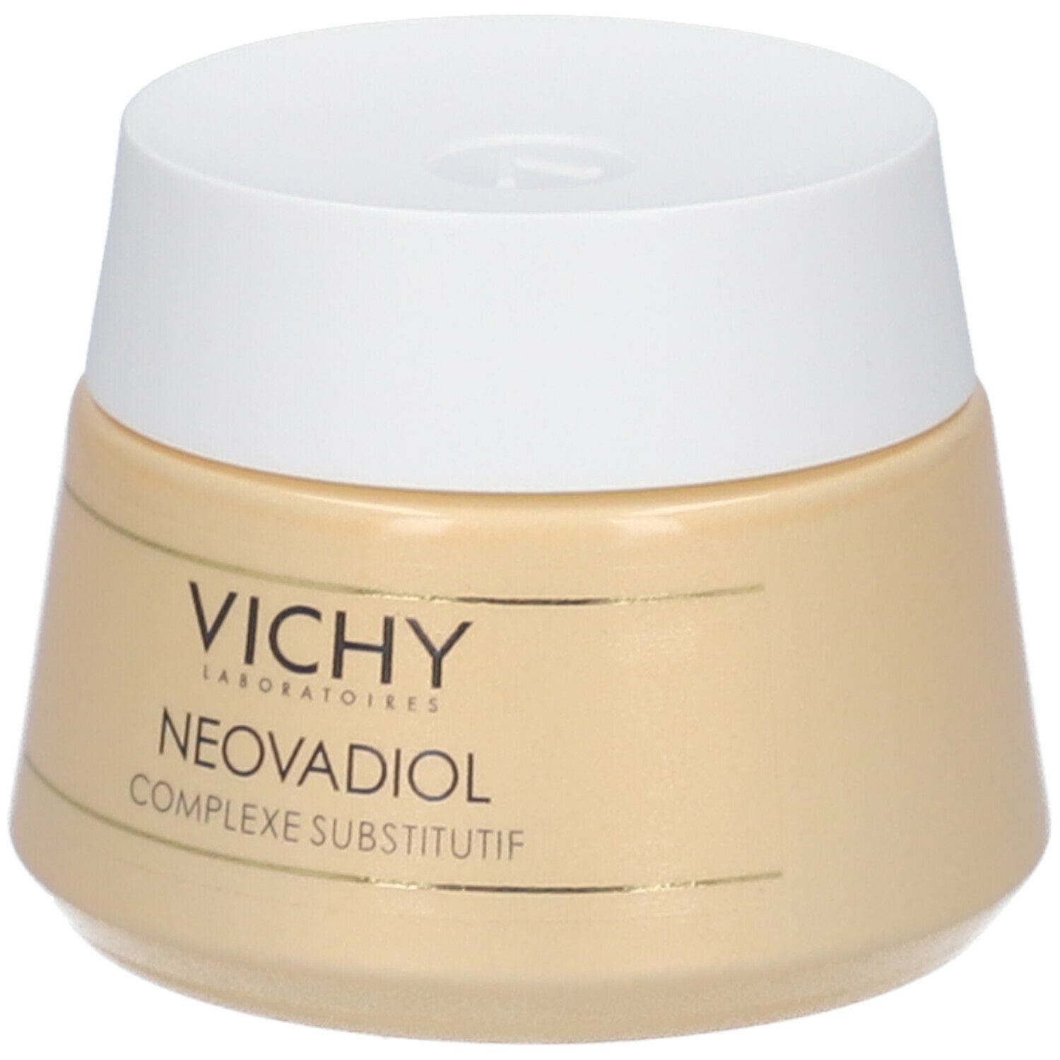 Vaso di crema con coperchio bianco. Scritta: VICHY, NEOVADIOL, COMPLEXE SUBSTITUTIF.