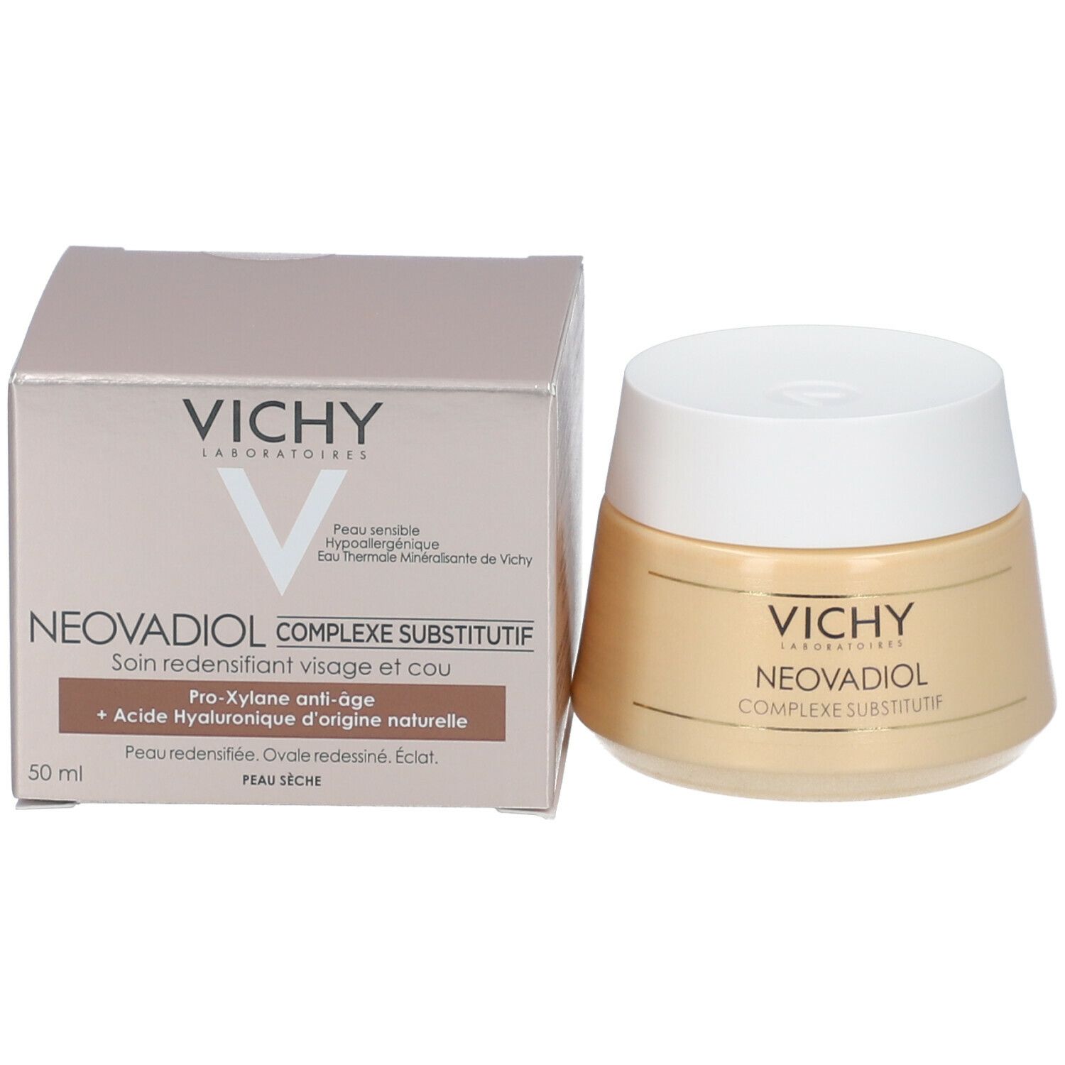 Vaso di crema e scatola. Scritta: VICHY, NEOVADIOL, COMPLEXE SUBSTITUTIF, 50 ml.