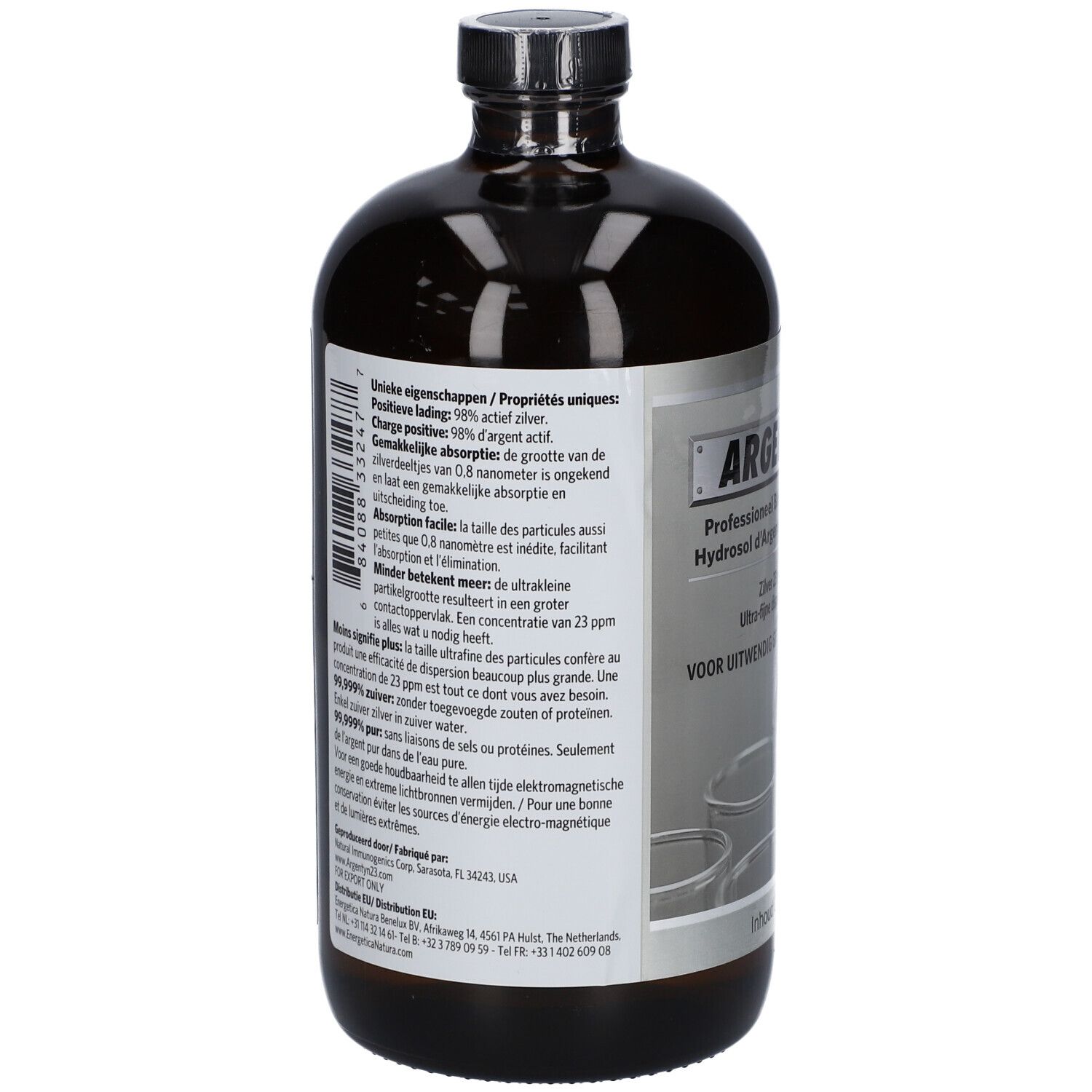 Retro di una bottiglia di vetro marrone. Informazioni testuali sull'etichetta. Argentyn 23. Proprietà, assorbimento, ingredienti.