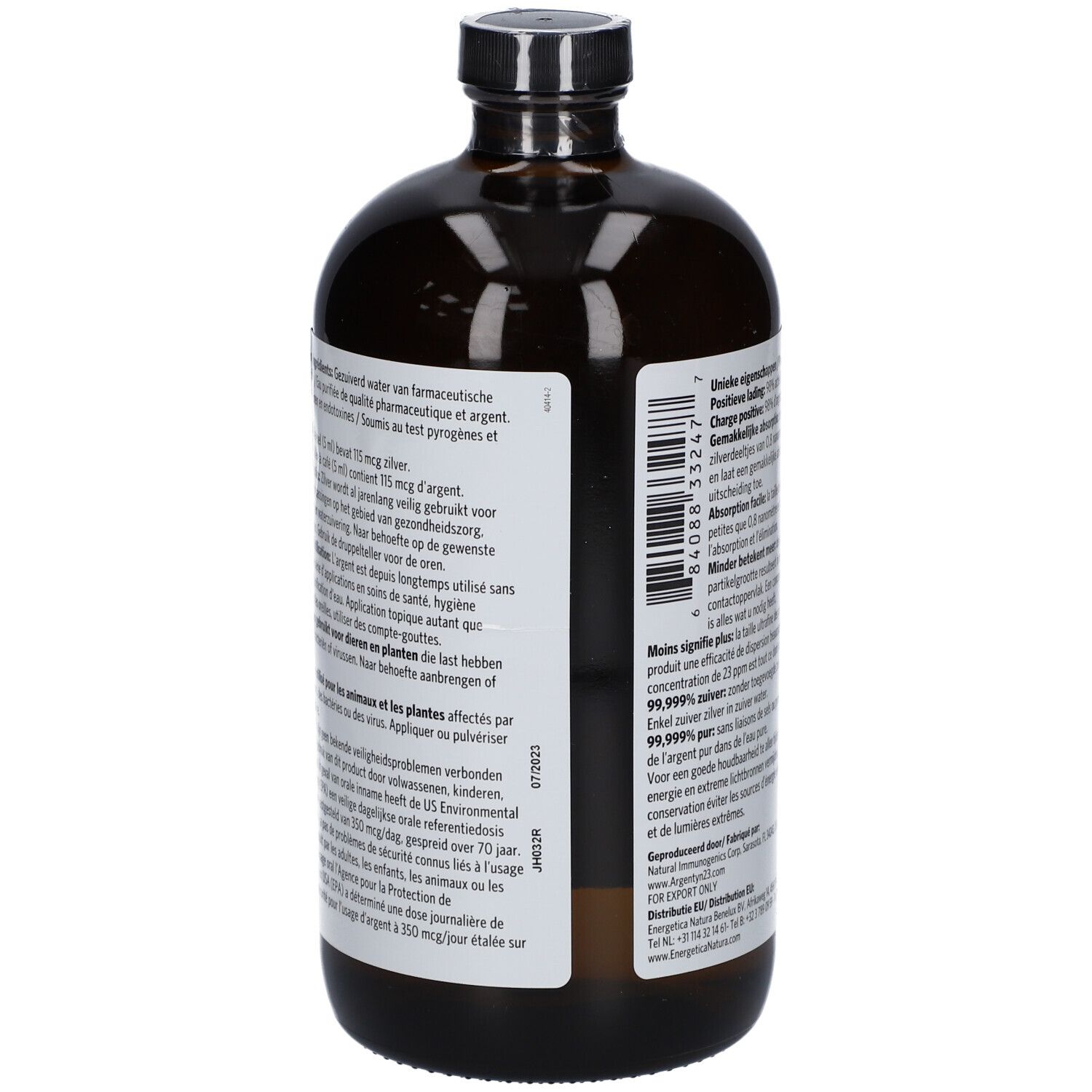 Retro di una bottiglia di vetro marrone. Informazioni testuali sull'etichetta. Argentyn 23. Ingredienti, dosaggio, avvertenze.