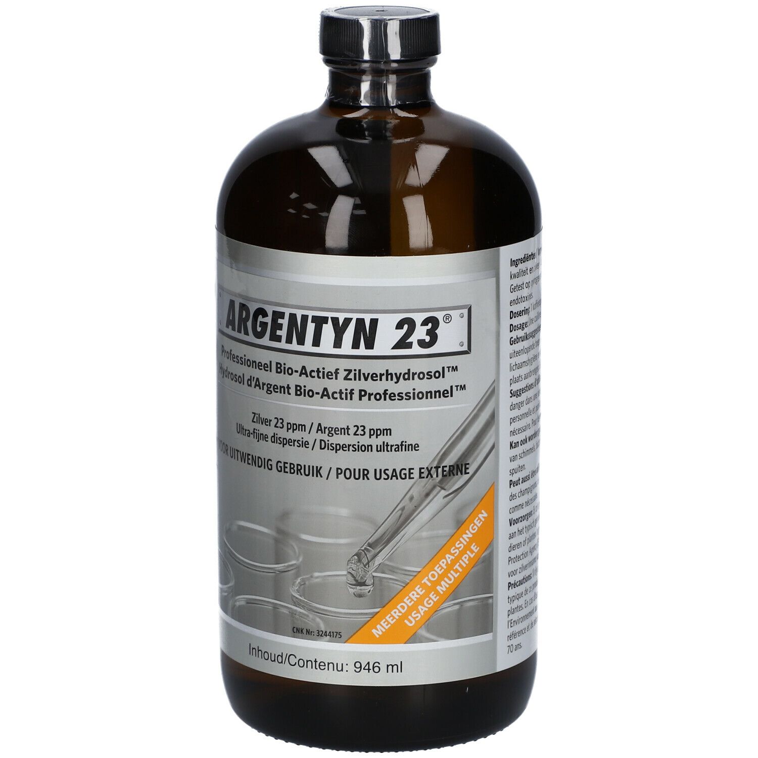 Bottiglia di vetro marrone con etichetta. Scritta: Argentyn 23. Professioneel Bio-Actief Zilverhydrosol. Contenuto: 946 ml.