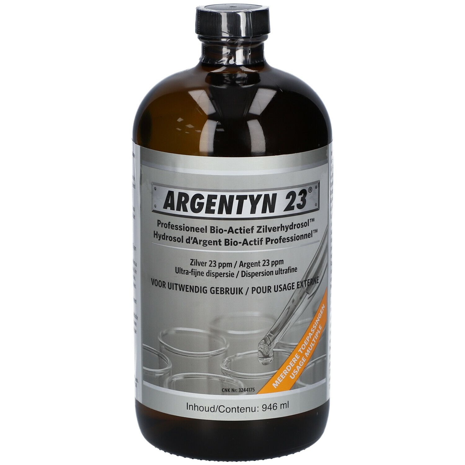Bottiglia di vetro marrone con etichetta. Scritta: Argentyn 23. Professioneel Bio-Actief Zilverhydrosol. Contenuto: 946 ml.