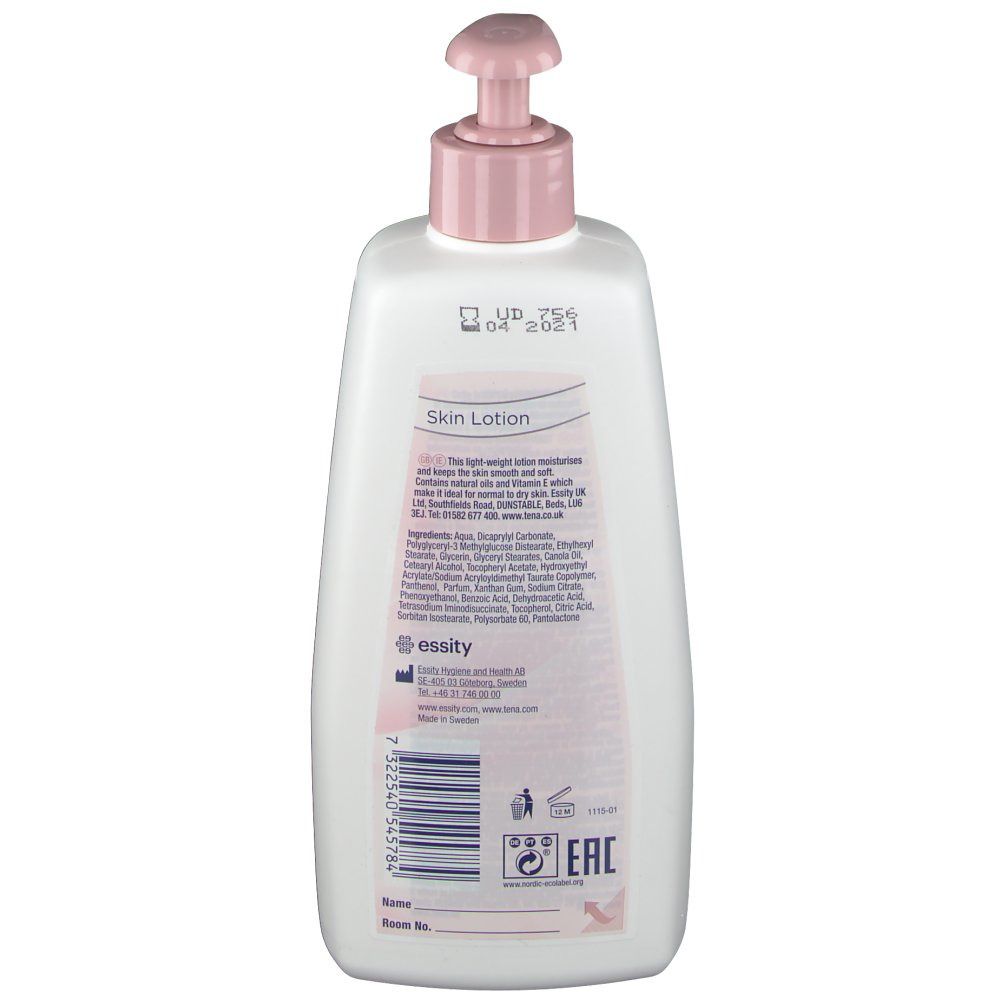 Retro di un flacone bianco con erogatore rosa. Testo: Skin Lotion. Ingredienti e informazioni.