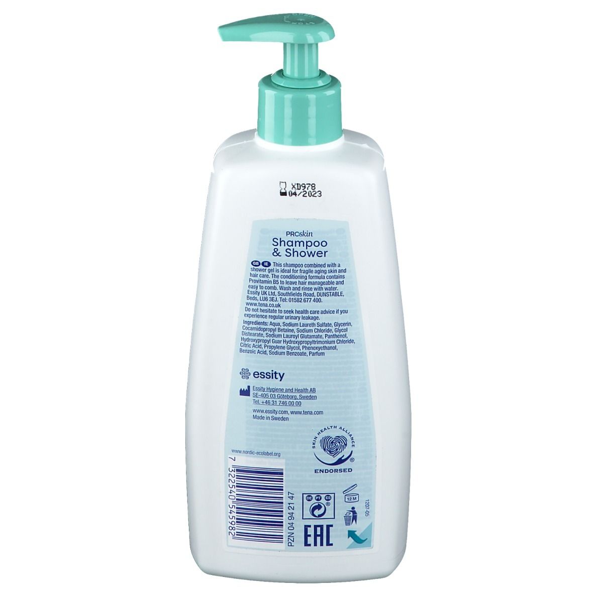 Retro del flacone bianco. Scritta: TENA ProSkin Shampoo & Shower. Con ingredienti e informazioni produttore.