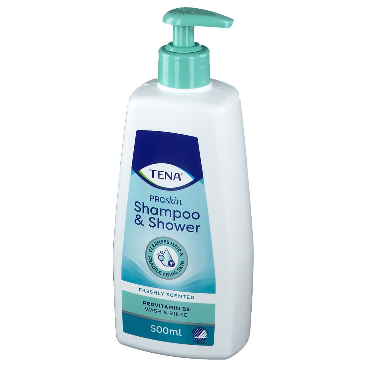 Flacone bianco con etichetta blu-verde. Scritta: TENA ProSkin Shampoo & Shower. Con dosatore.