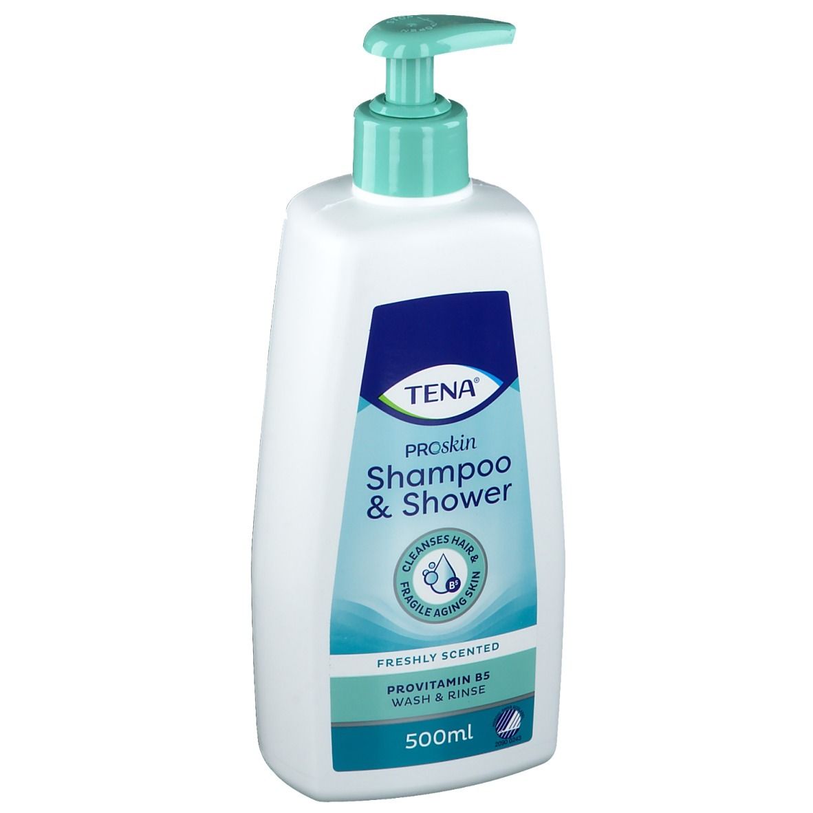 Flacone bianco con etichetta blu-verde. Scritta: TENA ProSkin Shampoo & Shower. Con dosatore.