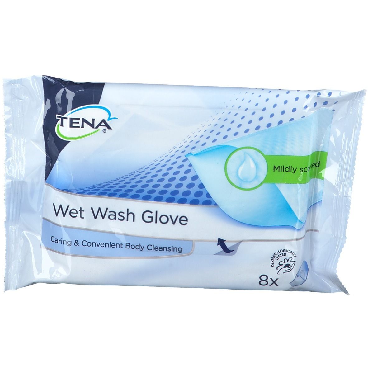 Confezione di TENA Wet Wash Glove. Scritto: Caring & Convenient Body Cleansing. 8 pezzi. Dermatologicamente testato. Delicatamente profumato.
