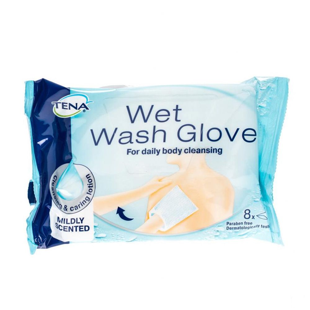 Confezione di TENA Wet Wash Glove. Scritta: Mildly Scented, 8 pezzi, senza parabeni, dermatologicamente testato. Illustrazione di un braccio con un guanto.