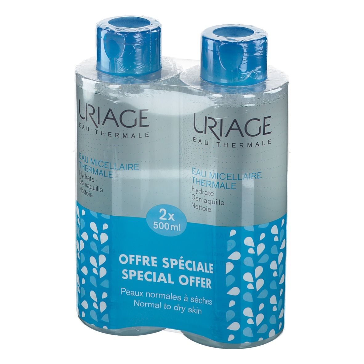 Due bottiglie di Uriage Eau Thermale Micellaire, confezionate. Tappi blu, bottiglie trasparenti, motivi blu e bianchi. "Offre Spéciale".