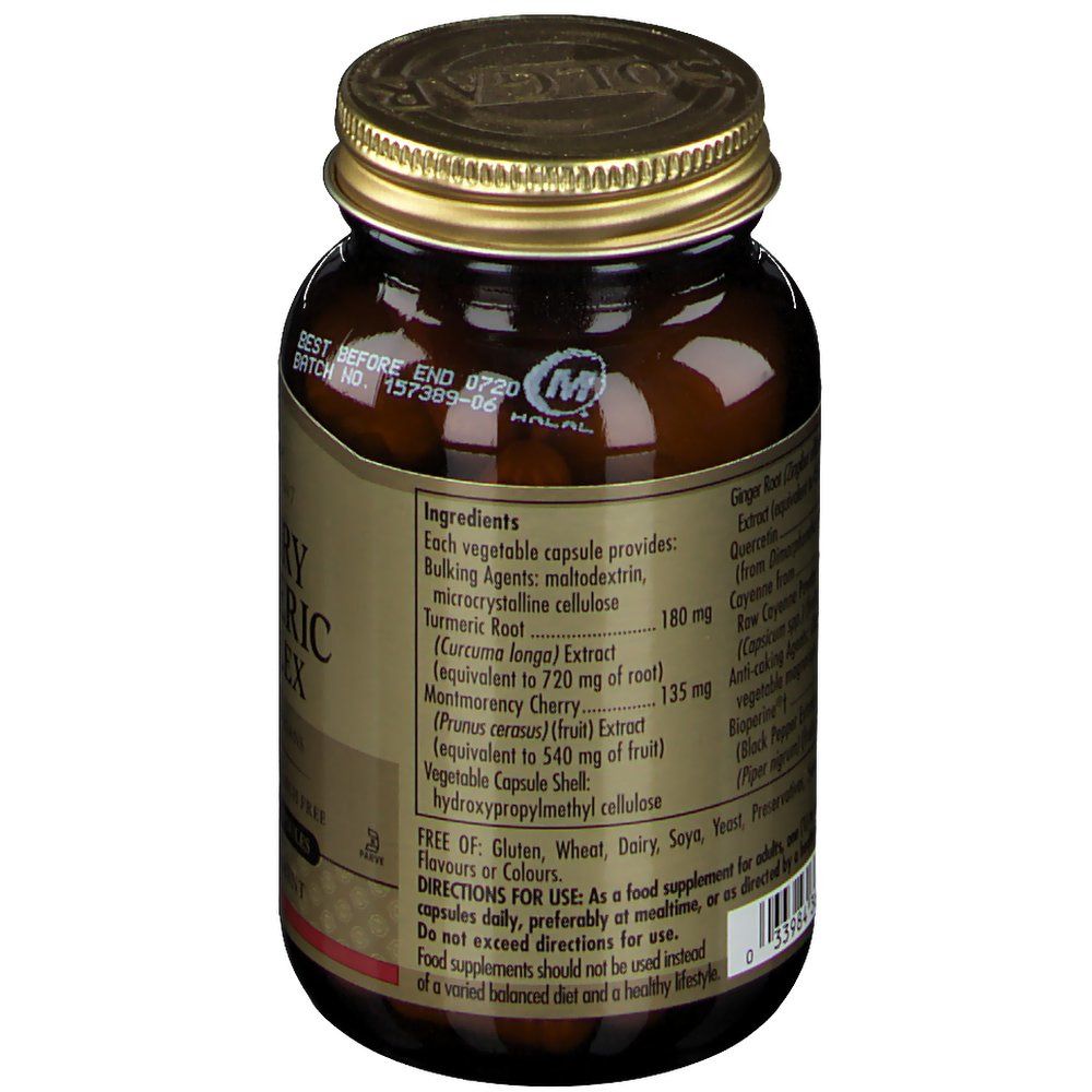 Retro del flacone. Elenco ingredienti: curcuma, ciliegia Montmorency, zenzero, quercetina. Certificazione Halal.