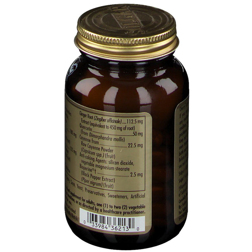 Retro del flacone. Elenco ingredienti: zenzero, quercetina, pepe di Cayenna, polvere di Cayenna, Bioperine.