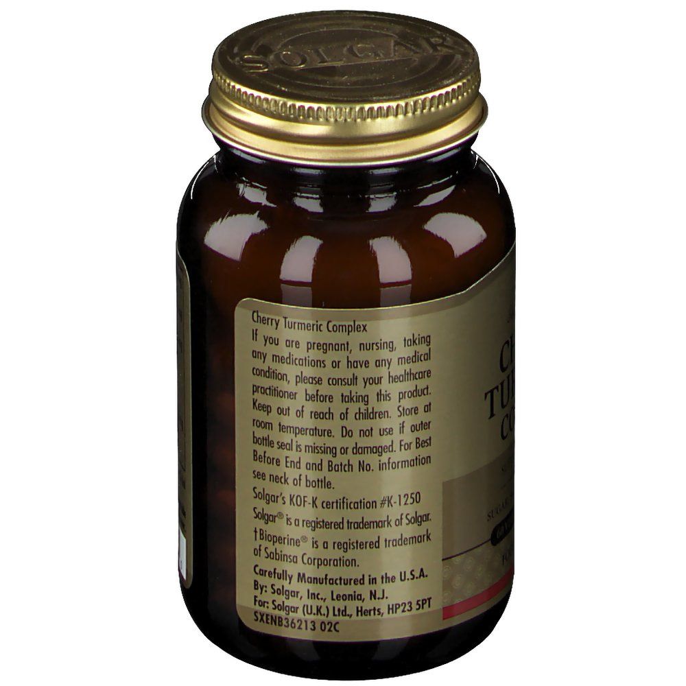 Retro del flacone. Avvertenze e informazioni su Solgar e Bioperine. Certificazione KOF-K.