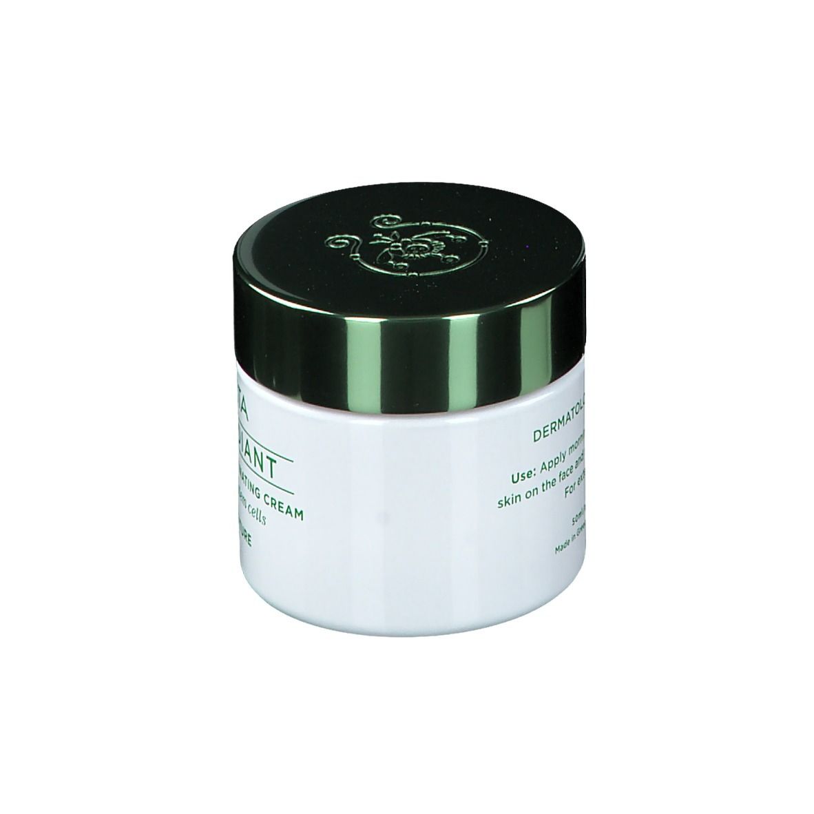 Vasetto di crema bianco con coperchio verde. Scritta: Apivita Bee Radiant Age Defense Illuminating Cream. Testo sul retro.