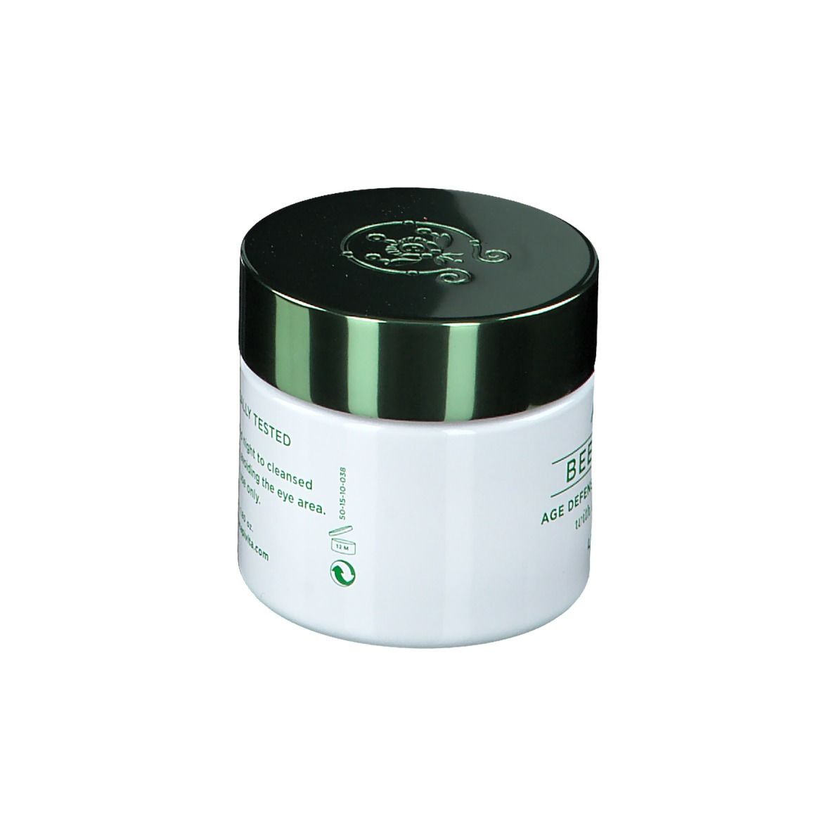 Vasetto di crema bianco con coperchio verde. Scritta: Bee Radiant Age Defense Illuminating Cream. Con loghi verdi.