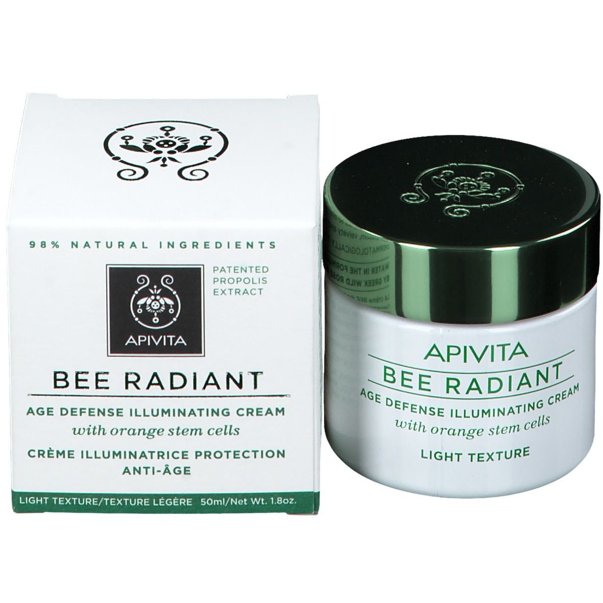 Vasetto di crema e scatola. Scritta: Apivita Bee Radiant Age Defense Illuminating Cream, Light Texture. 98% ingredienti naturali.