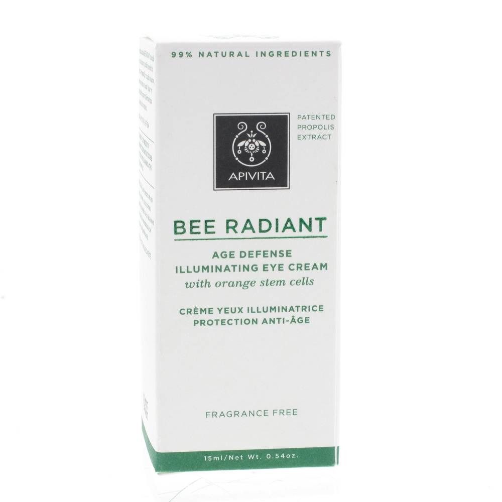 Confezione bianca con dettagli verdi. Scritta: Apivita, Bee Radiant, crema contorno occhi anti-età. Contiene il 99% di ingredienti naturali.