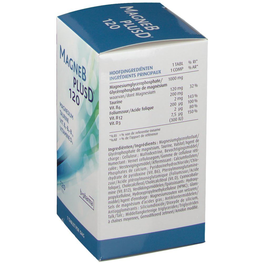 Confezione di MagneBPlusD 120. Contiene magnesio, taurina, vitamine B6, B12, D3. Informazioni nutrizionali e dosaggio: 1 compressa al giorno.