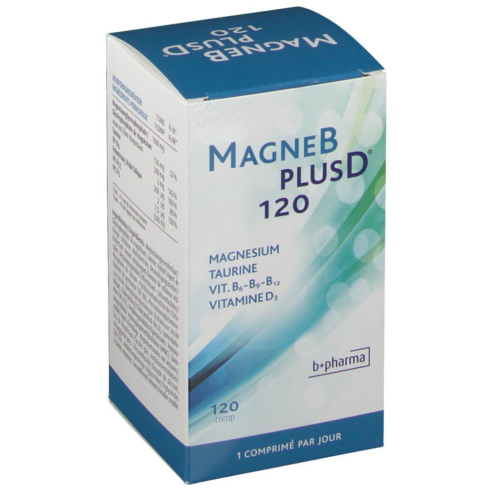 Confezione angolata di MagneBPlusD 120. Contiene magnesio, taurina, vitamine B6, B12, D3. Marchio b+pharma. 120 compresse.
