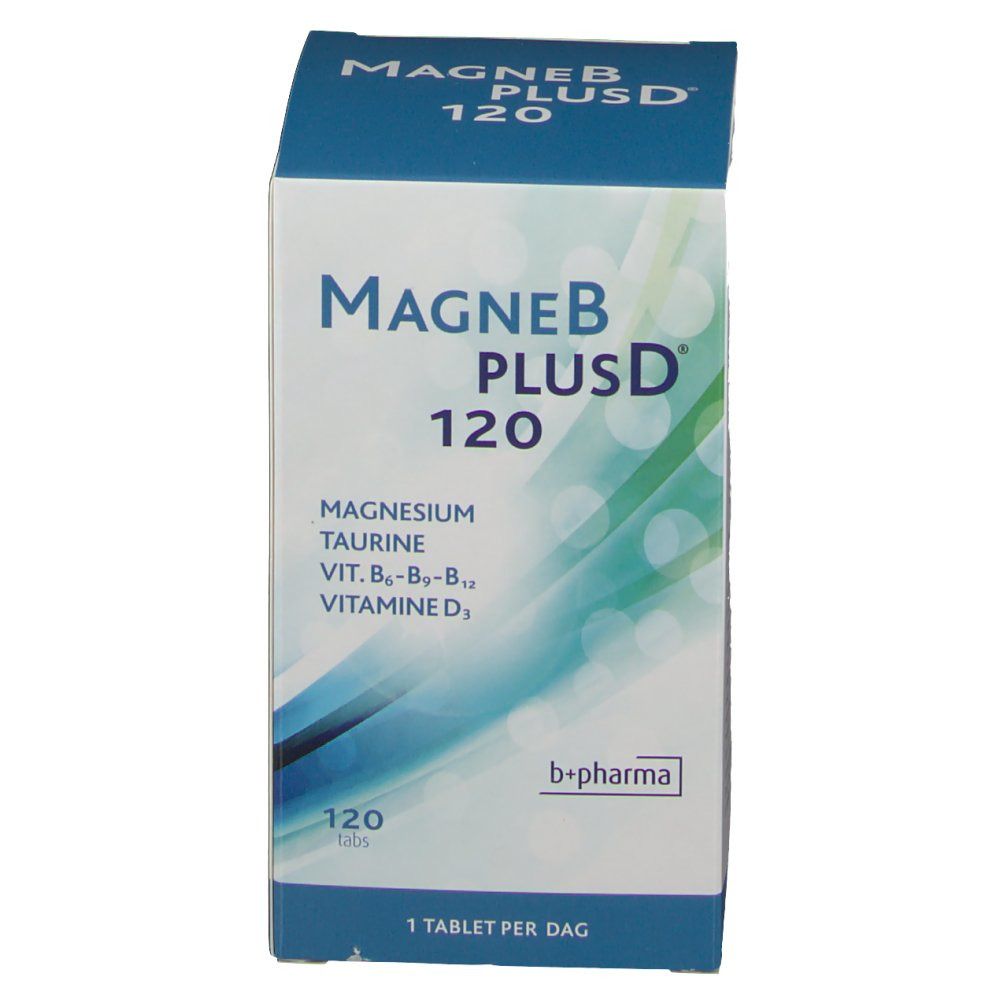 Confezione di MagneBPlusD 120. Contiene magnesio, taurina, vitamine B6, B12, D3. 120 compresse. 1 compressa al giorno. Marchio b+pharma.