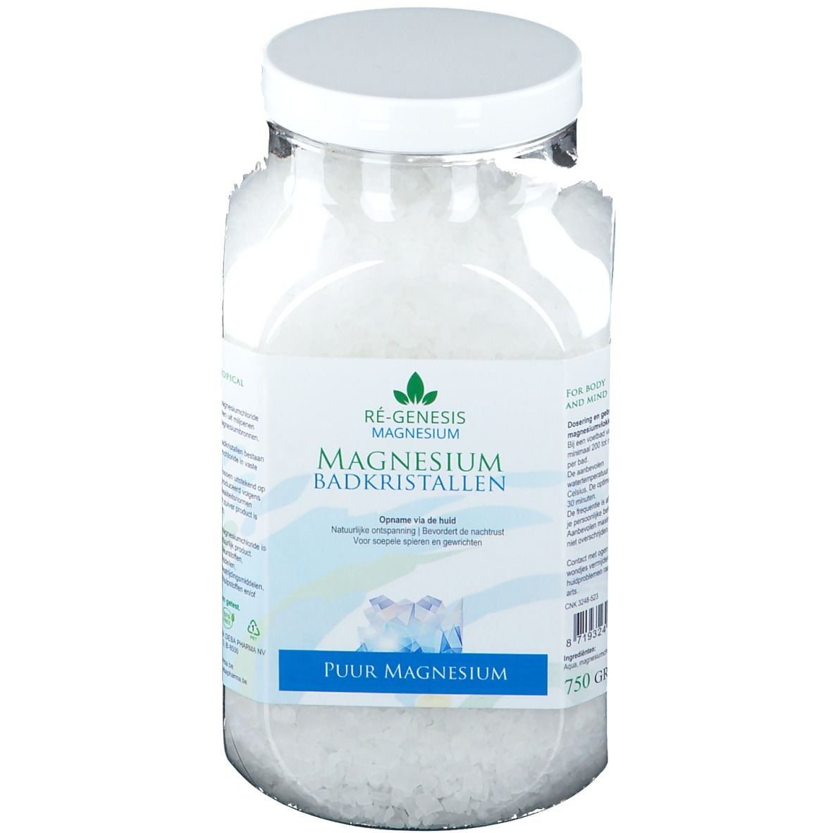 Barattolo di cristalli per bagno al magnesio. Etichetta con nome e logo del prodotto. Coperchio bianco. 750g.