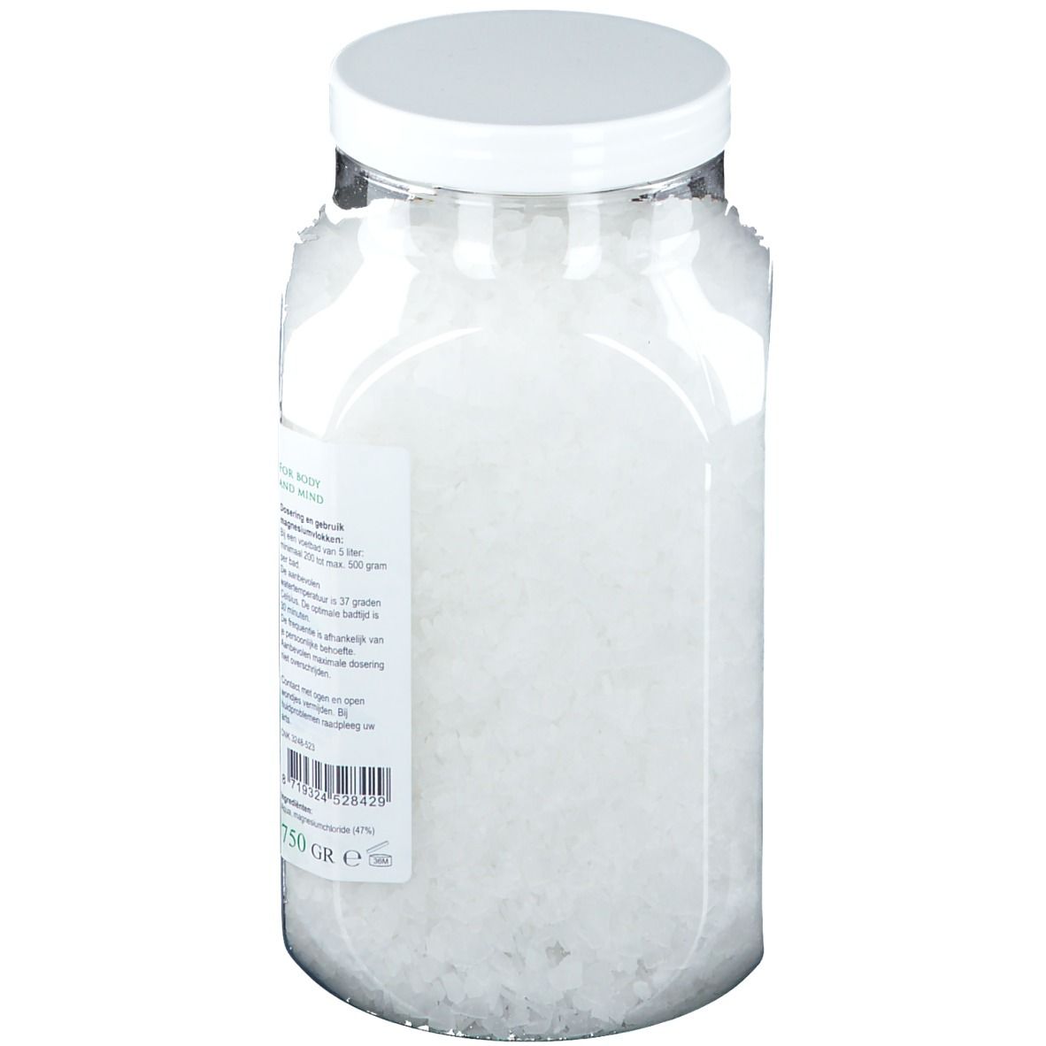 Contenitore trasparente con cristalli per bagno al magnesio. Coperchio bianco. Retro con testo e codice a barre. 750g.