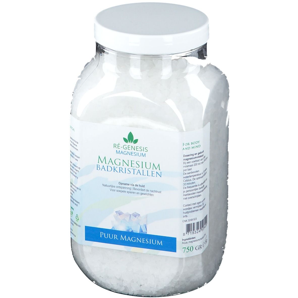 Barattolo di cristalli per bagno al magnesio. Etichetta con nome e logo del prodotto. Coperchio bianco. 750g.