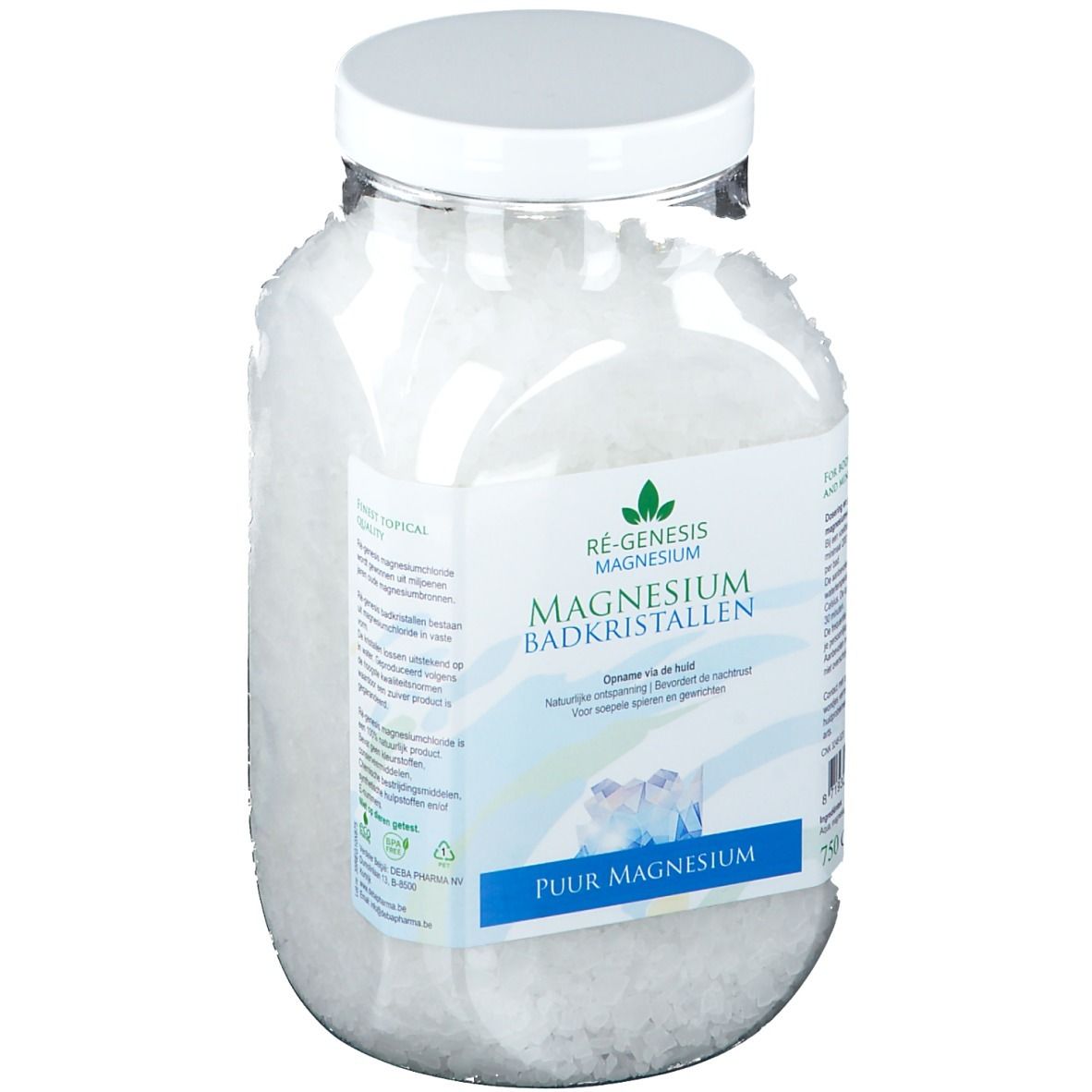Barattolo di cristalli per bagno al magnesio. Etichetta con nome e logo del prodotto. Coperchio bianco. 750g.
