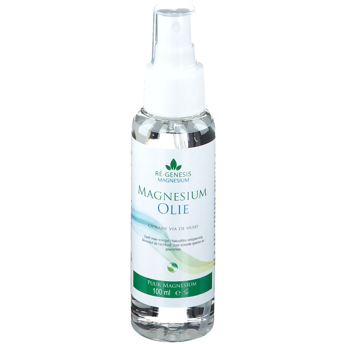 Flacone trasparente con vaporizzatore. Scritta: Magnesium Oil, 100 ml. Grafica verde e blu.