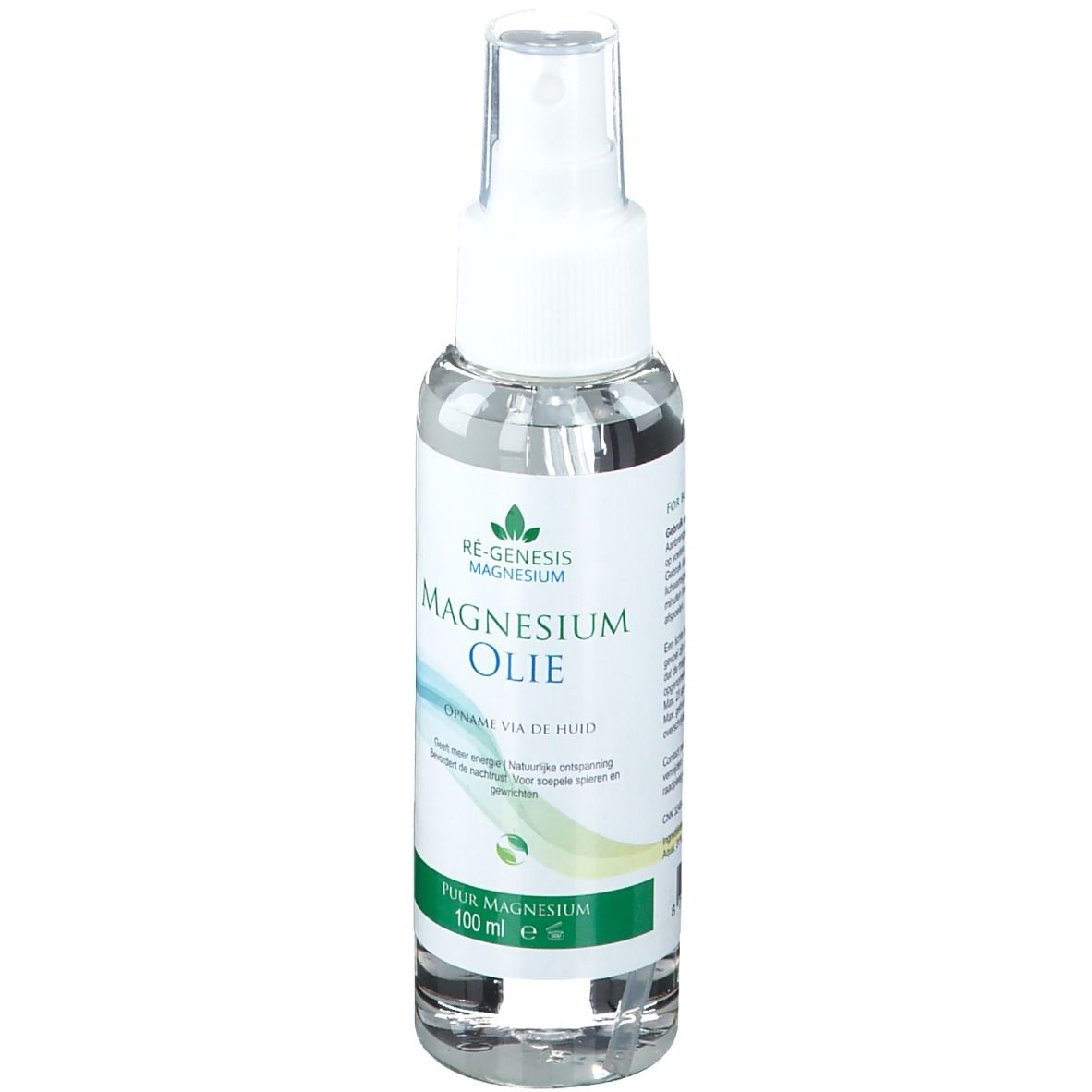 Flacone trasparente con vaporizzatore. Scritta: Magnesium Oil, 100 ml. Grafica verde e blu.
