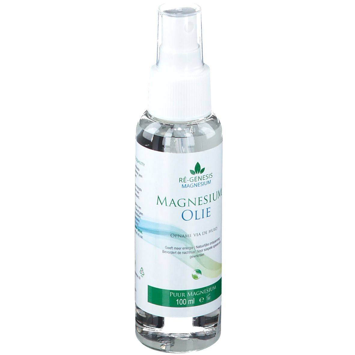 Flacone trasparente con vaporizzatore. Scritta: Magnesium Oil, 100 ml. Grafica verde e blu.