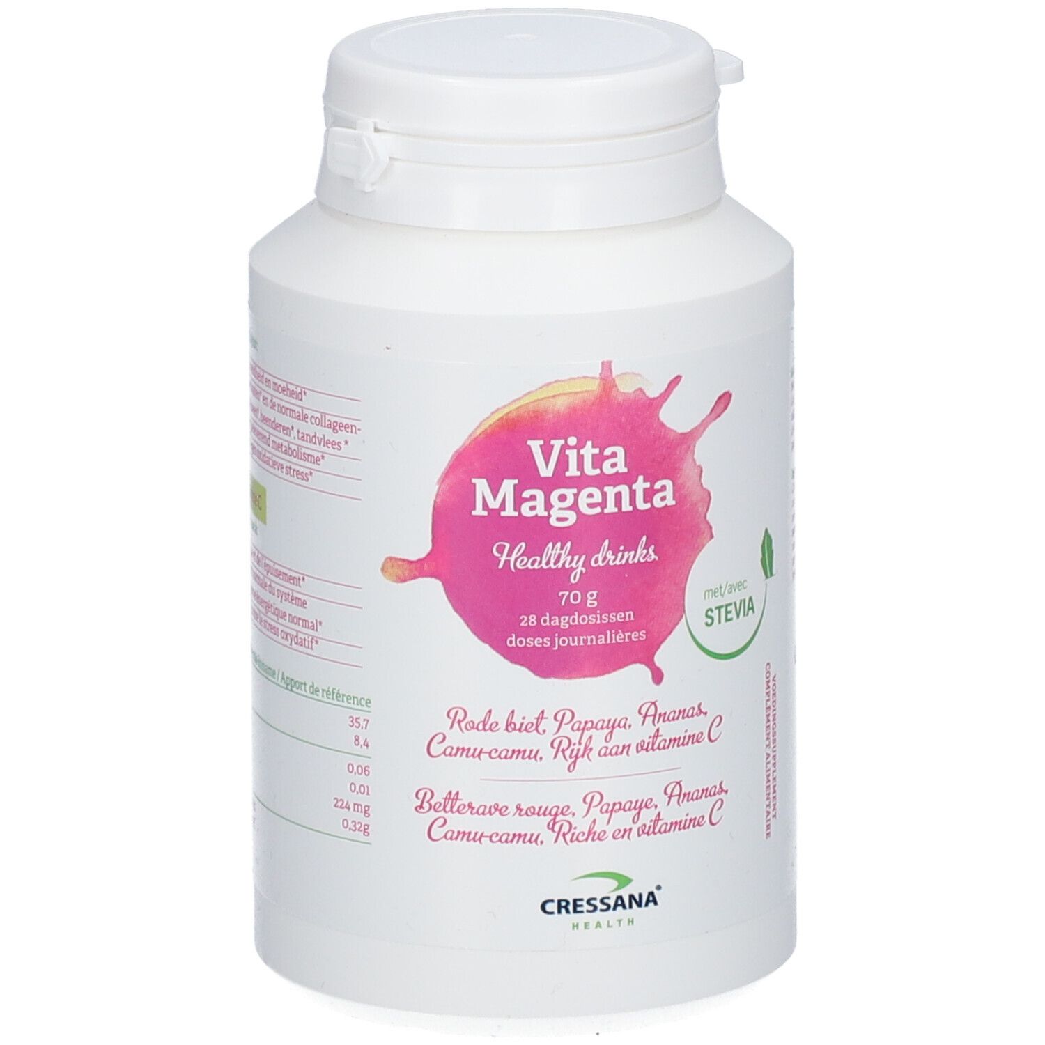 Barattolo bianco Vita Magenta. Contiene 70g, 28 dosi giornaliere. Con Stevia. Logo Cressana Health.