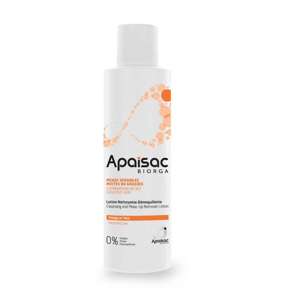 Flacone bianco Apaisac Biorga. Scritta: Peaux sensibles, mixtes ou grasses, combination or oily, sensitive skin. Lotion nettoyante démaquillante.