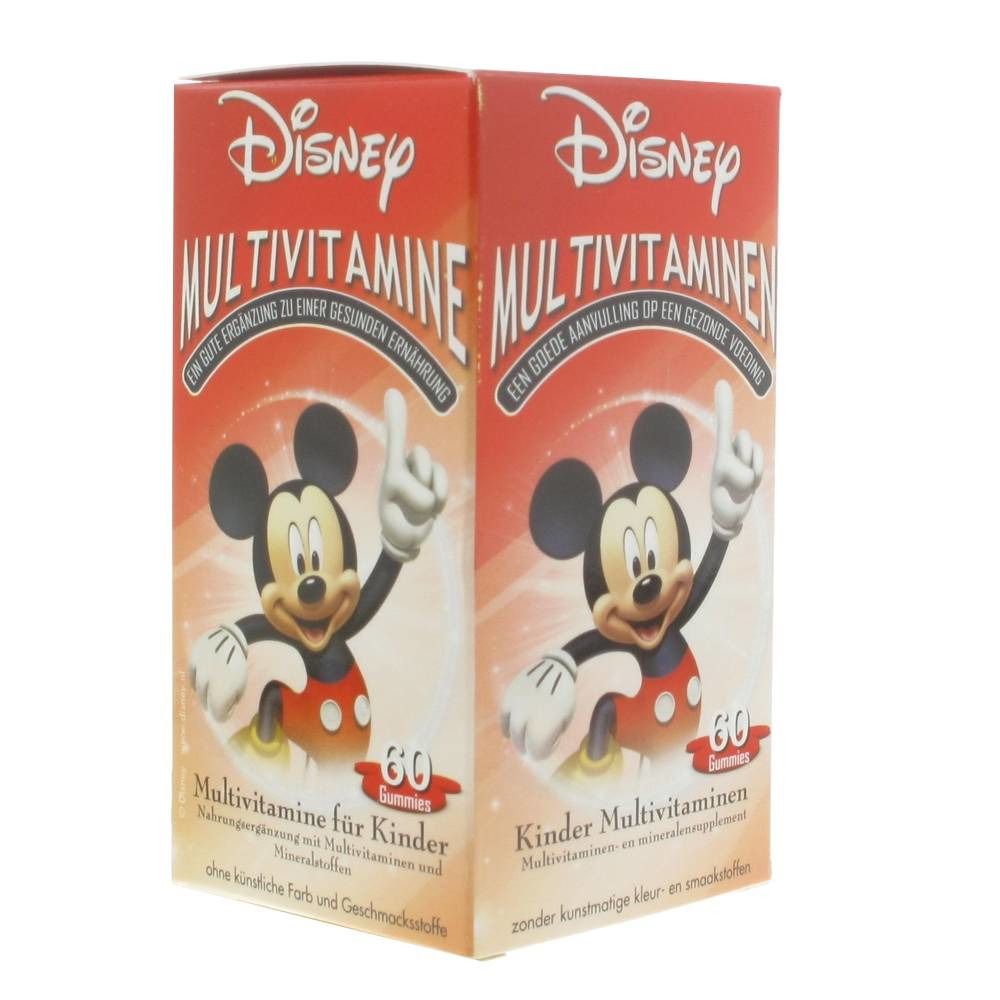 Confezione con Topolino. Scritta: Multivitamine per bambini. 60 caramelle gommose. Sfondo arancione.