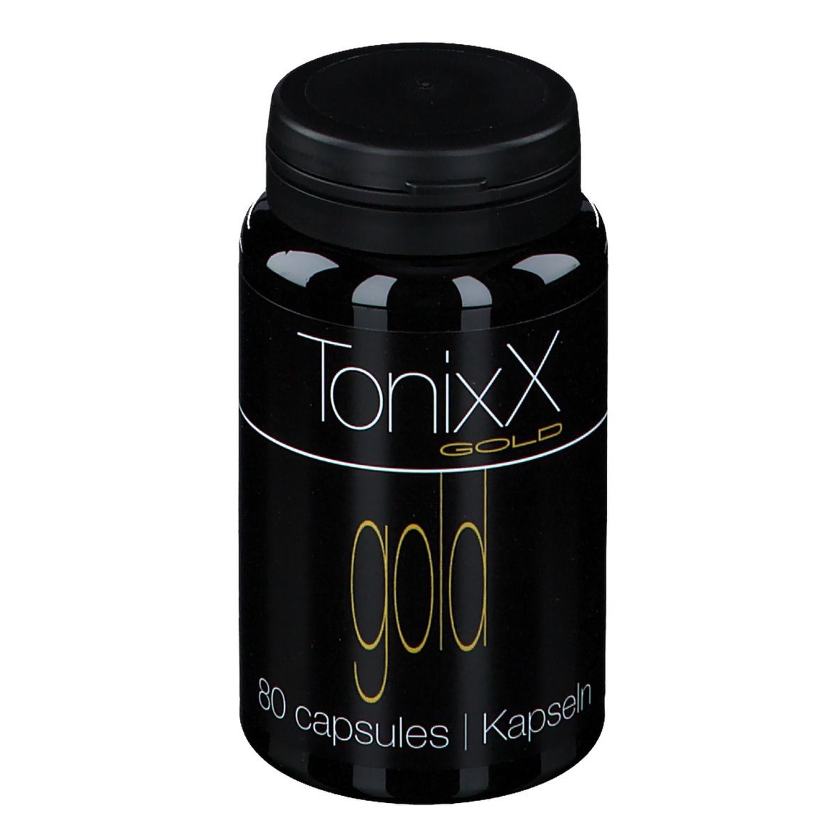 Flacone nero con tappo nero. Scritta: Tonixx Gold, 80 capsule. Testo dorato su sfondo nero.