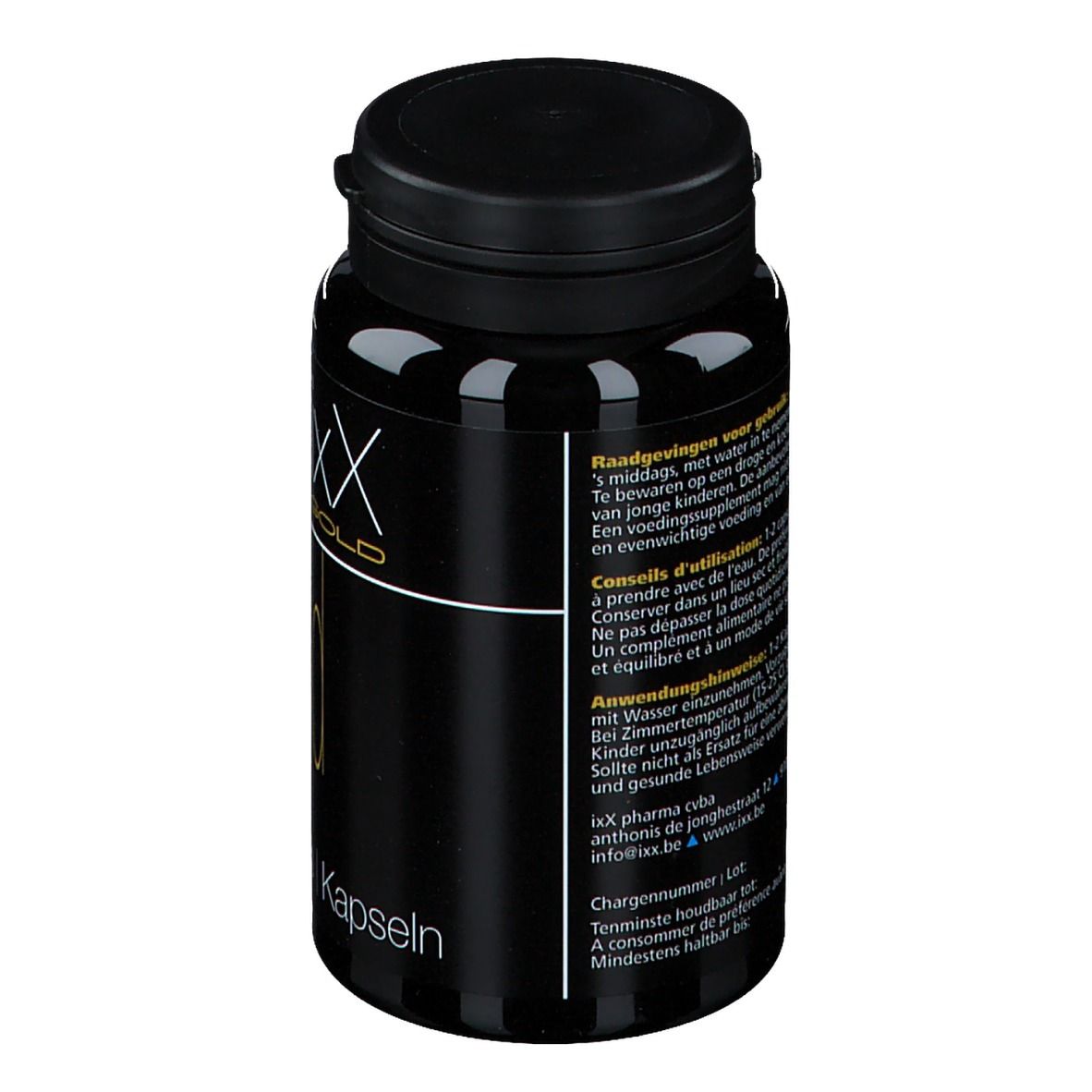 Flacone nero con tappo nero. Scritta: Tonixx Gold. Testo e informazioni sull'etichetta.