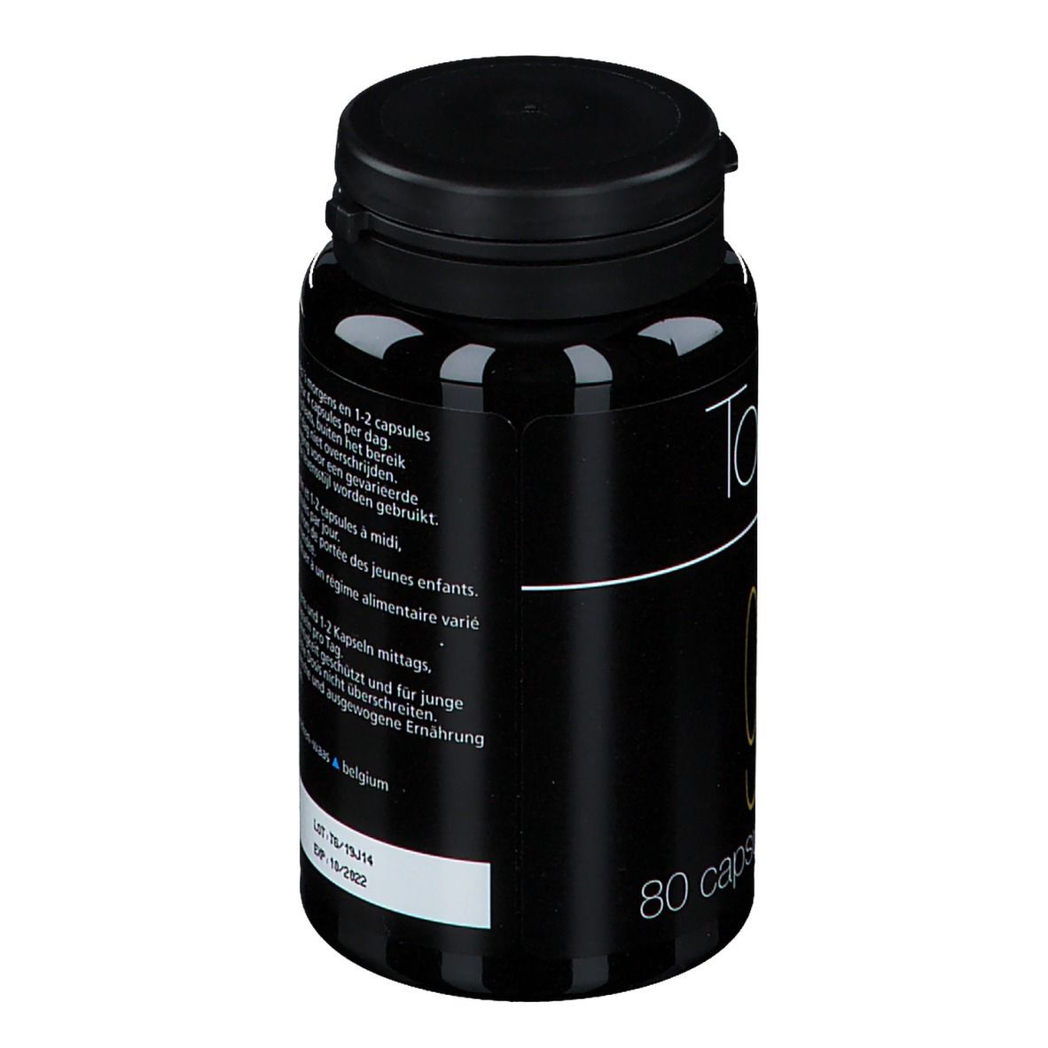 Flacone nero con tappo nero. Scritta: Tonixx Gold. Testo e informazioni sull'etichetta.