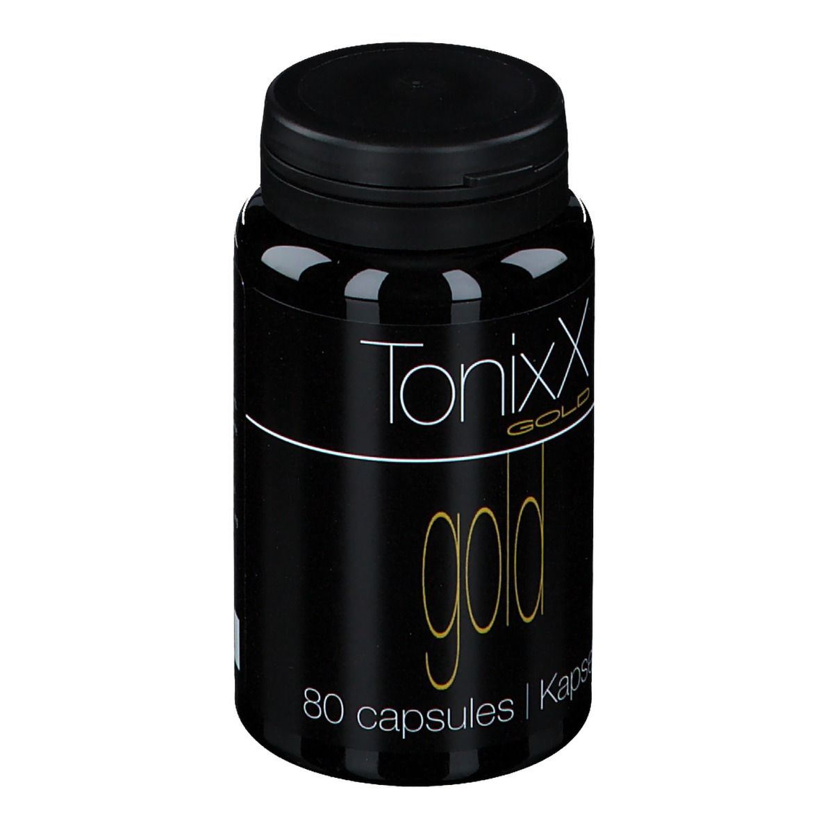 Flacone nero con tappo nero. Scritta: Tonixx Gold, 80 capsule. Testo dorato su sfondo nero.