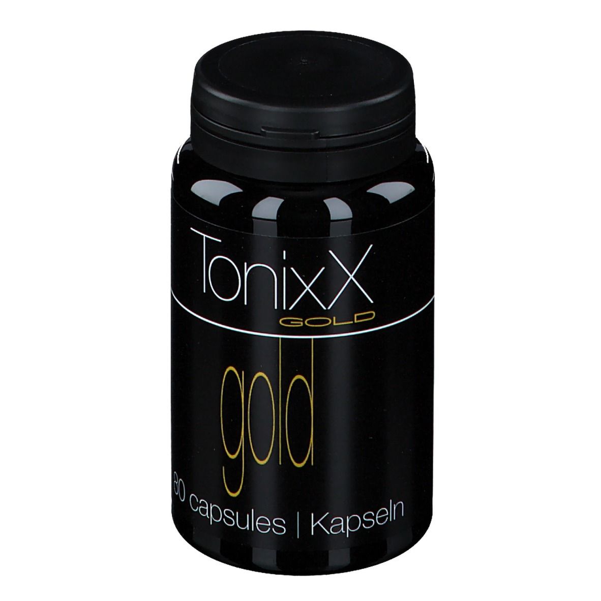 Flacone nero con tappo nero. Scritta: Tonixx Gold, 80 capsule. Testo dorato su sfondo nero.