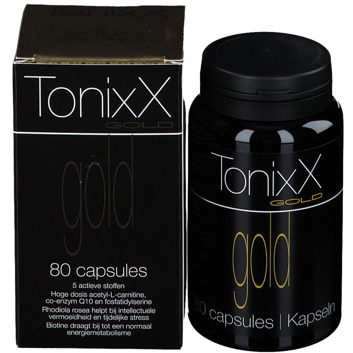 Flacone e scatola neri. Scritta: Tonixx Gold, 80 capsule. Ulteriori informazioni sulla scatola.