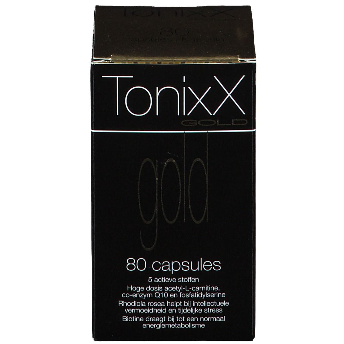 Scatola nera. Scritta: Tonixx Gold, 80 capsule. Ulteriori informazioni sulla scatola.