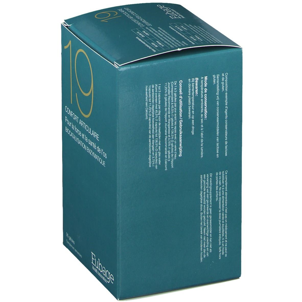 Flacone bianco con etichetta blu. Contiene informazioni sulla composizione e il dosaggio. Tappo.