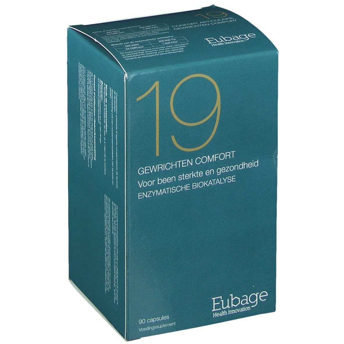 Flacone bianco con etichetta blu. Codice a barre e indirizzo del produttore. Tappo.