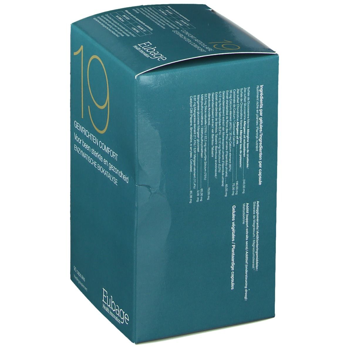 Flacone bianco con etichetta blu. Scritta: 19, Confort Articulaire, Eubage. Contiene 90 capsule.