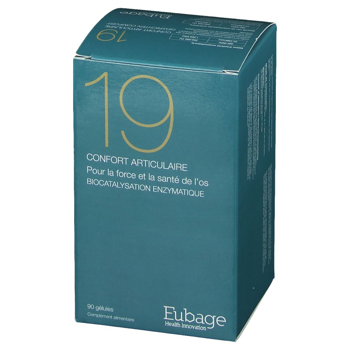 Flacone bianco con etichetta blu. Elenco ingredienti e indirizzo del produttore. Tappo.