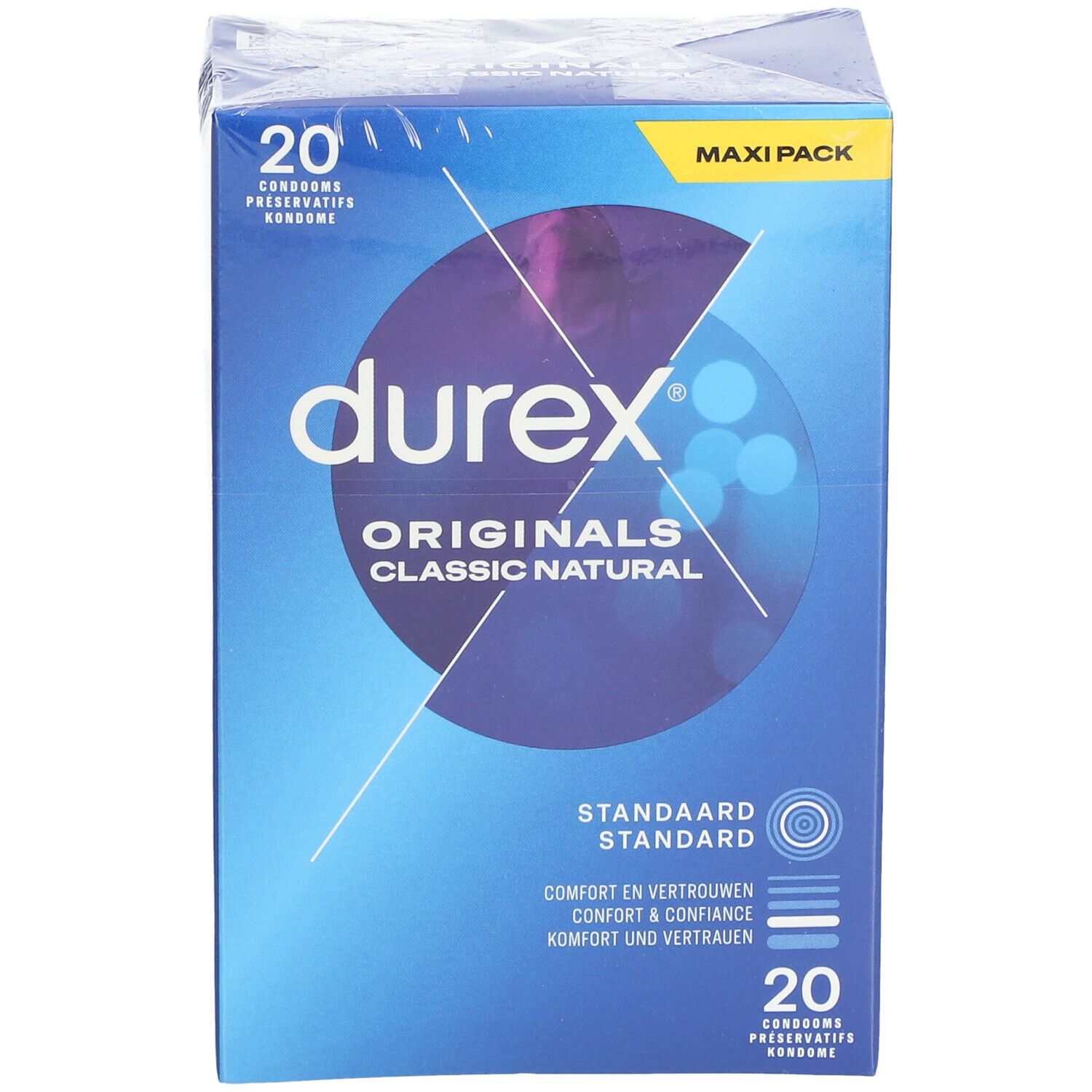 Scatola blu Durex® Originals Classic Natural. 20 preservativi. Standard.